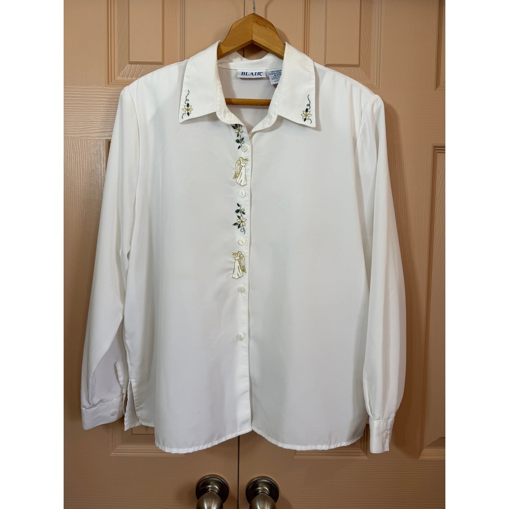 Embroidered Angel Holiday Button Up Blouse Shoulder Pads Christmas Shirt Large
